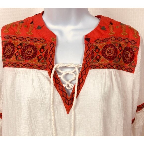 Esley Top Women  Size S White Orange Embroidered Geometric V neck Long Sleeves - Picture 2 of 13
